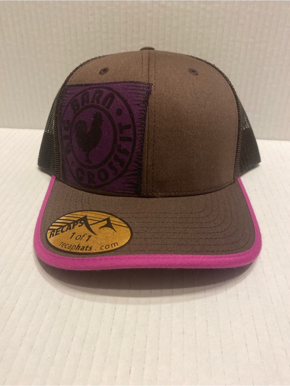 Barn Crossfit Mens Brown and Purple Trucker Hat with Pink Trim